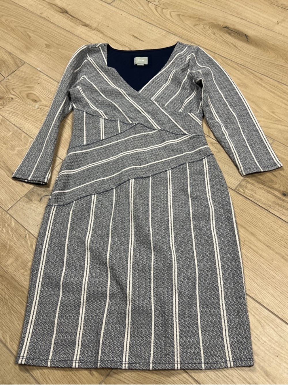 Anthropologie Navy and White Striped Long-Sleeve Wrap Dress